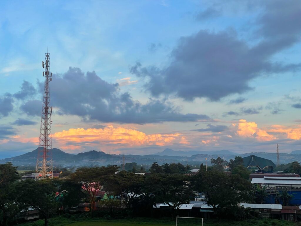 A beautiful sunset in a rural village